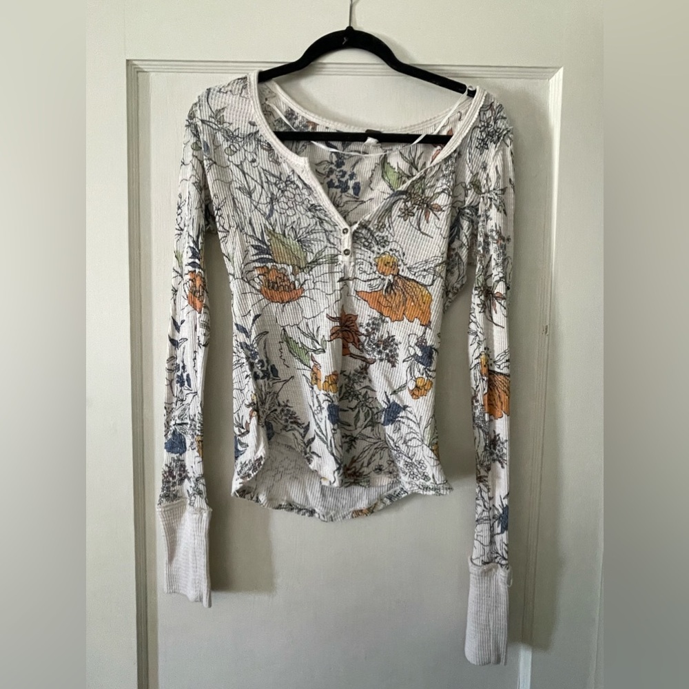 Free People Long Sleeve Flannel, Floral, nude